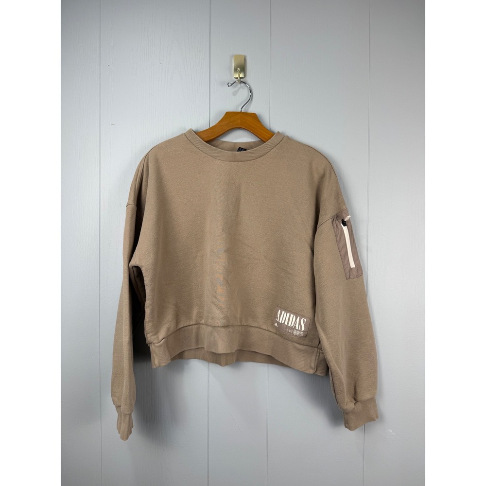 Adidas Womens Cropped Sweatshirt Tan Taupe Utility Sleeve Pocket Pullover Small